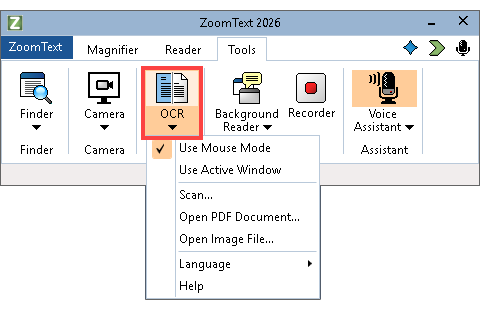 OCR-knappen på værktøjslinjen Værktøjer. Den nederste halvdel af knappen er valgt og viser en rulleliste med forskellige OCR-indstillinger.